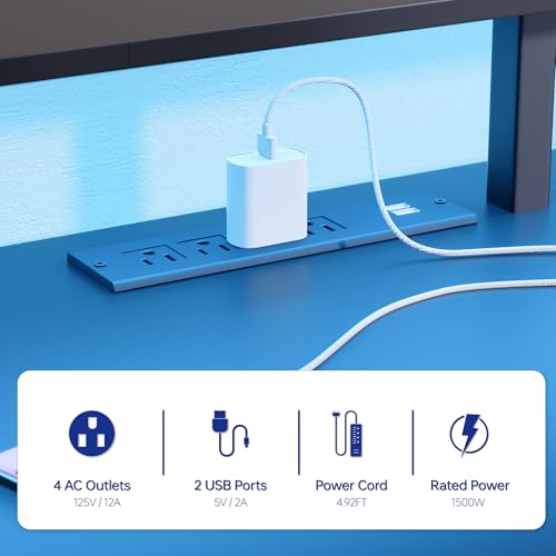 Pamray 64 Inch L Shaped Gaming Desk with Power Outlets and Led Lights, Large Corner Computer Desk with Monitor Stand and Pegboard, PC Table for Home Office and Bedroom White Pamray