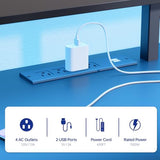 Pamray 64 Inch L Shaped Gaming Desk with Power Outlets and Led Lights, Large Corner Computer Desk with Monitor Stand and Pegboard, PC Table for Home Office and Bedroom White Pamray