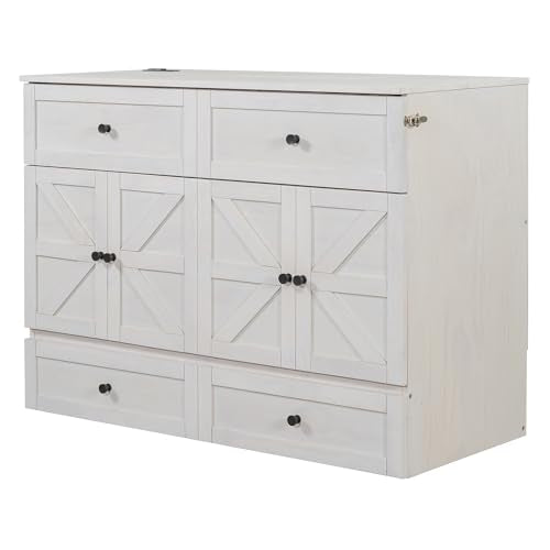 YOPTO Full Size Murphy Bed Chest,Folding Storage Wall Bed with Large Drawers,USB Ports & 2 Three-Prong Outlets,Hidden Cabinet Platform Bed W/Wood Slats Support,for Bedroom,Guest Room,Brushed White YOPTO