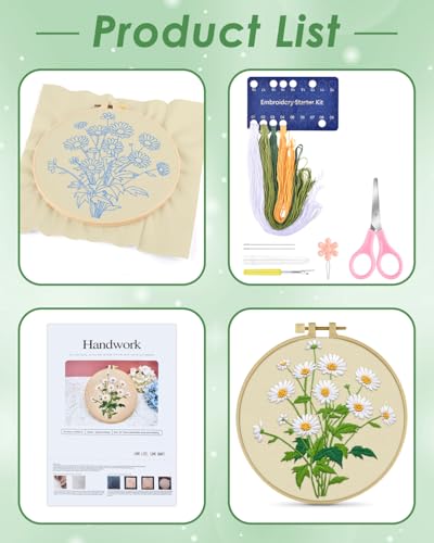 ERKOON Embroidery Kit for Beginners, Flower Cross Stitch Set Include Embroidery Cloth Hoops Threads for Craft Lover Hand Stitch with Embroidery Skill Techniques (Daisy) ERKOON