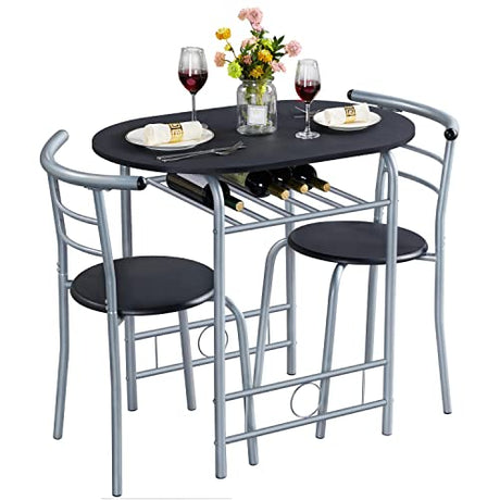 Yaheetech 3-Piece Dining Room Table Set, Kitchen Table & Chair Sets for 2, Compact Table Set w/Steel Legs, Built-in Wine Rack for Breakfast Nook, Small Space, Apartment, Black, 31.5x21x29" (LxWxH) Yaheetech