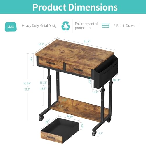 Small Portable Standing Rolling Desk - 32 Inch Adjustable Mobile Stand Up Teacher Desks with 2 Fabric Drawers on Wheels, Couch Sofa Side Laptop Table with Storage for Bedroom Home Office, Rustic Brown WINAZ