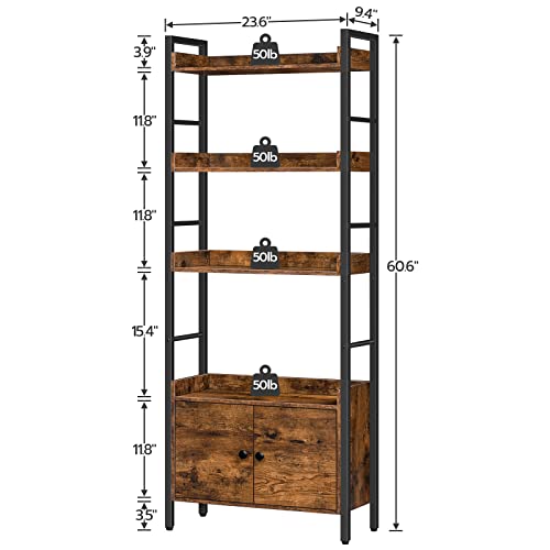 HOOBRO 4-Tier Bookshelf with Doors, Industrial Wooden Bookcase with Storage, Storage Shelf with Protective Rails, for Living Room, Home Office, Rustic Brown and Black BF46SJ01