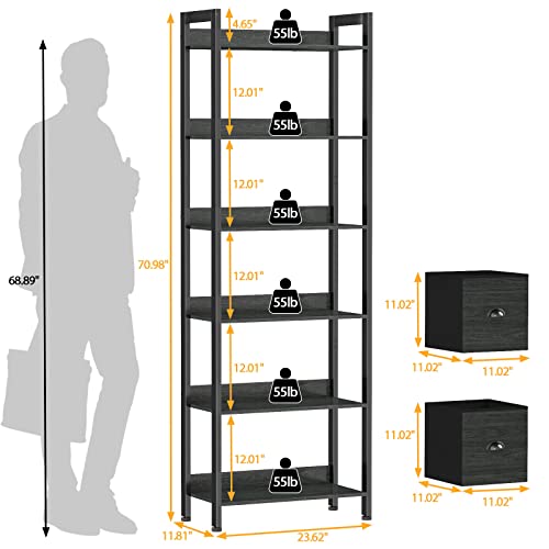 Furologee 6-Tier Industrial Bookshelf with 2 Drawers - Black Oak Tall Bookcase for Home Office and Bedroom - WoodArtSupply