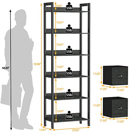 Furologee 6-Tier Industrial Bookshelf with 2 Drawers - Black Oak Tall Bookcase for Home Office and Bedroom Furologee