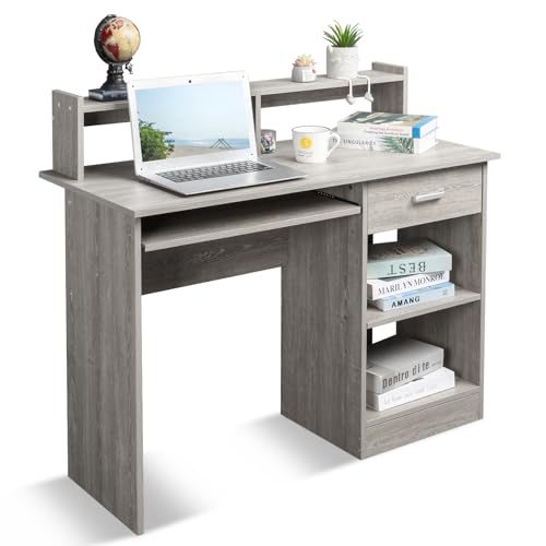 Karl home Computer Desk Study Writing Desk, Wooden Home Office Workstation PC Laptop Table with Drawer Shelf Keyboard Tray, Grey - WoodArtSupply