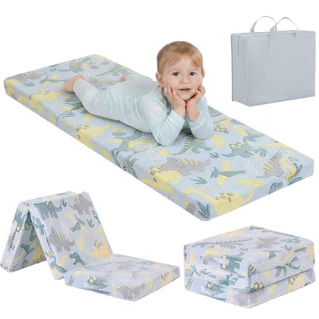 Tiita Foldable Floor Mattress for Kids-Glow in The Dark Toddler Nap Mat with Storage Bag, Portable Toddler Floor Futon for Travel, Daycare, Camping, RV, Playroom, Green Dinosaur Tiita