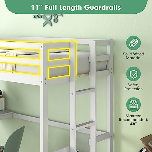 Giantex Twin Size Loft Bed with Desk, Solid Wood Loft Bed with 2 Ladders & Full Length Guardrail, Modern Space-saving Twin Bed Frame for Kids Teens Adults, No Box Spring Needed (White) Giantex