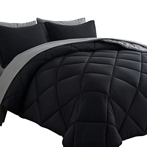 Cosybay Bed in a Bag Queen Reversible Comforter Sets 7pcs All Season Down Alternative Bedding Sets Black and Grey with Comforter, Pillow Shams, Flat Sheet, Fitted Sheet and Pillowcase Cosybay