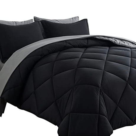 Cosybay Bed in a Bag Full Reversible Comforter Sets 7pcs All Season Down Alternative Bedding Sets Black and Grey with Comforter, Pillow Shams, Flat Sheet, Fitted Sheet and Pillowcase Cosybay
