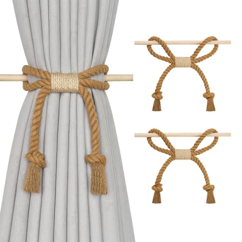 NICEEC 2 Pack Natural Cotton Rope Curtain Tiebacks Boho Rustic Style Decorative Drape Tie Backs Farmhouse Hand-Woven Rope Curtain Holdbacks with Wood Club for Home & Office Drapery (Cotton knot-Khaki) NICEEC