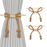 NICEEC 2 Pack Natural Cotton Rope Curtain Tiebacks Boho Rustic Style Decorative Drape Tie Backs Farmhouse Hand-Woven Rope Curtain Holdbacks with Wood Club for Home & Office Drapery (Cotton knot-Khaki) NICEEC