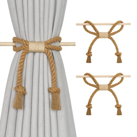 NICEEC 2 Pack Natural Cotton Rope Curtain Tiebacks Boho Rustic Style Decorative Drape Tie Backs Farmhouse Hand-Woven Rope Curtain Holdbacks with Wood Club for Home & Office Drapery (Cotton knot-Khaki) NICEEC