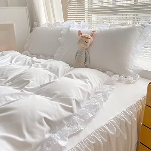 MOOWOO Chic Ruffle Lace Polyester Duvet Cover Set -Girl White Bedding-3 Piece Full Duvet Cover with Zipper Closure -Ultra Soft and Light Weight (White, Full)-No Comforter MOOWOO