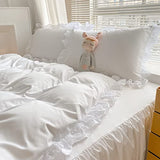MOOWOO Chic Ruffle Lace Polyester Duvet Cover Set -Girl White Bedding-3 Piece Full Duvet Cover with Zipper Closure -Ultra Soft and Light Weight (White, Full)-No Comforter MOOWOO