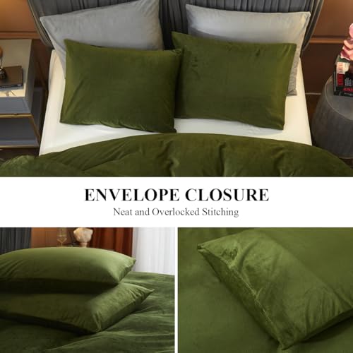 Ivellow Velvet Flannel Duvet Cover King Size Olive Green Comforter Cover Ultra Soft Breathable Cozy Velour Duvet Cover Solid Luxury Bedding Set Zipper Closure Corner Ties Ivellow