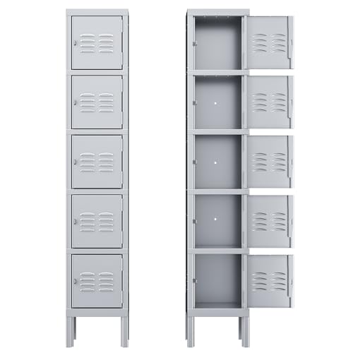 Greenvelly Metal Locker, 66”Lockers for Employees with 5Doors,Tall Steel Lockable Storage Lockers with Standing Legs,Card Slots,Vents for Gym,School,Office,Kids Room(Grey) - WoodArtSupply