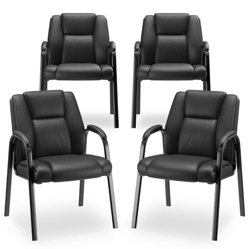 MALOL Office Guest Chair with Armrest, PU Leather Reception Chair for Office & Waiting Room, 250LBS, One-Piece Welded Steel Frame, Sponge Cushion for Long Sitting Comfort – Black,Set of 4