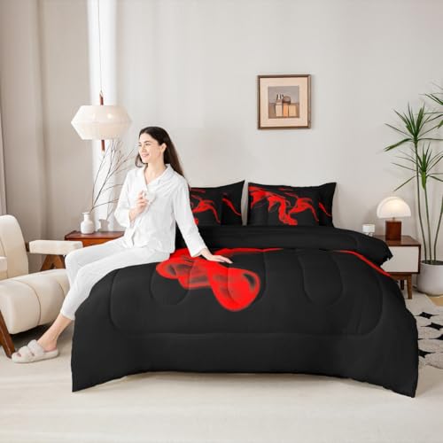 Feelyou Kids Black Red Abstarct 7 Piece Bedding Set King Size Abstarct Art Comforter Set with Sheets for Kids Adult Modern Minimalist Bed in a Bag Feelyou