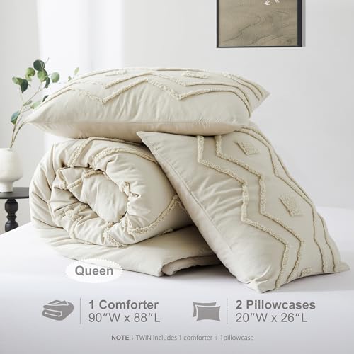 Oli Anderson Boho Tufted Comforter Set Queen Size, 3 Pcs Soft Jacquard Bedding Set for All Seasons, Shabby Chic Farmhouse Bedding Set with Comforters for All Seasons (Beige, Queen) Oli Anderson