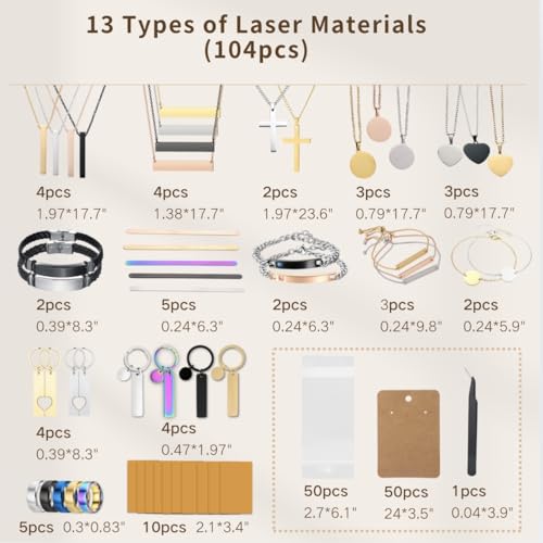 Mroy mio 104 PCS DIY Laser Engraving Kit, 13 Types Stainless Steel Blank Jewelry Making Set for Personalized Gifts, Heart Necklace, Ring, Bracelet for Couples, Friends, Beginners Mroy mio