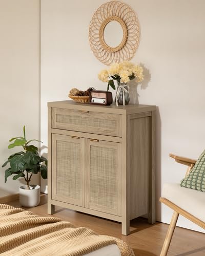 SICOTAS Sideboard Buffet Storage Cabinet Set of 3, Rattan Credenza Buffet Table, Boho Console Accent Cabinet with Doors and Drawer, Coffee Bar Cabinet for Kitchen Entryway Living Room, Natural SICOTAS