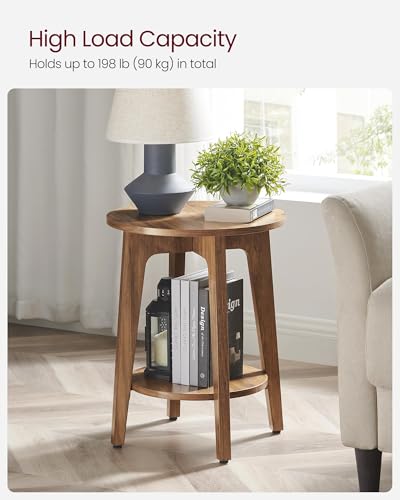 VASAGLE MAEZO Collection - Side Table, 2-Tier Small Round End Table, Nightstand with Tapered Legs, Curved Transitions, for Small Spaces, Living Room, Bedroom, Rustic Walnut ULET283T41 VASAGLE