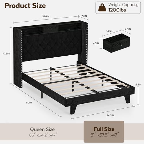 Otevehde LED Full Size Bed Frame with USB Charging Station, Velvet Upholstered Platform Bed Frames with Button Tufted Wingback Storage Headboard, Wooden Slats Support, No Box Spring Needed, Black Otevehde