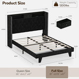 Otevehde LED Full Size Bed Frame with USB Charging Station, Velvet Upholstered Platform Bed Frames with Button Tufted Wingback Storage Headboard, Wooden Slats Support, No Box Spring Needed, Black Otevehde