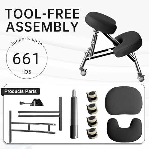 PU Leather Ergonomic Kneeling Chair, Adjustable Home and Office Stool with Thick Pads and Flexible Lockable Brake Wheels for Back Pain Relief(Black) DENGTELI