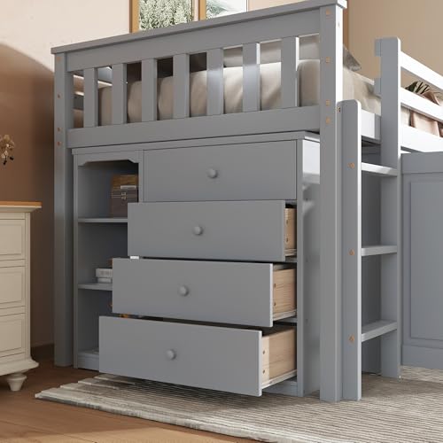 Merax Loft Bed Twin Size with Pull Out Desk, Low Loft Bed with Underneath Cabinet, 3 Side Drawers and Shelves, Wood Bed Frame with Guardrails and Ladder, Wood Slat Support, No Box Spring Need, Gray Merax