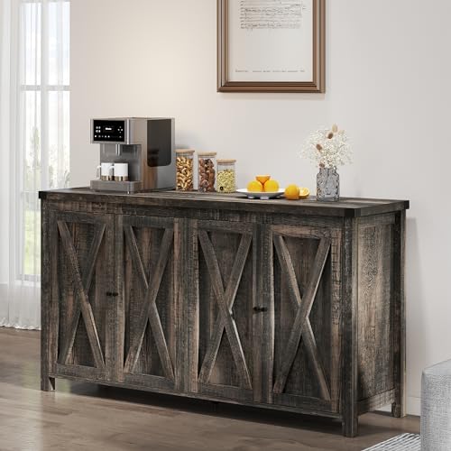YITAHOME Farmhouse Sideboard Buffet Cabinet with Storage with 4 Doors, 55'' Large Kitchen Storage Cabinet, Wood Coffee Bar Cabinet with Adjustable Shelf for Kitchen, Living Room, Dark Oak