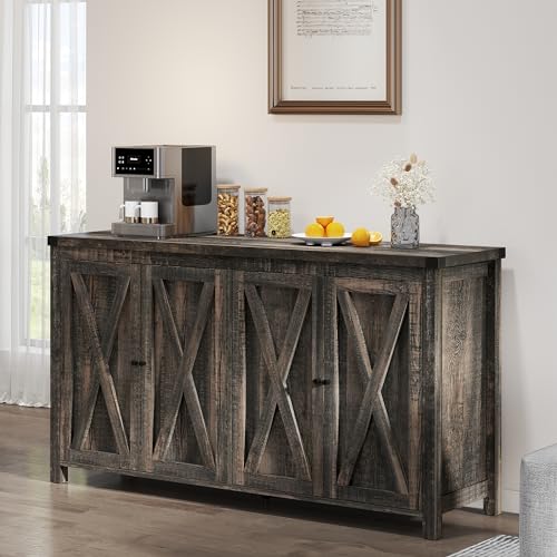 YITAHOME Farmhouse Sideboard Buffet Cabinet with Storage with 4 Doors, 55'' Large Kitchen Storage Cabinet, Wood Coffee Bar Cabinet with Adjustable Shelf for Kitchen, Living Room, Dark Oak - WoodArtSupply