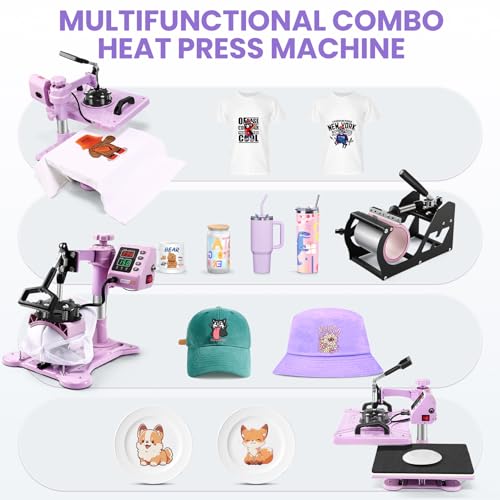 AKEYDIY 8 in 1 Heat Press Machine Professional Sublimation Machine 12" X 15"Swing Away Shirt Printing Heat Transfer Digital Industrial-Quality Heat Press Machine for T Shirts Mug Hat Plate Pink Purple AKEYDIY