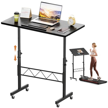 COMHOMA Small Standing Desk Adjustable Height & Tiltable Tabletop, Mobile Stand Up Desk for Laptop, Portable Computer Table for Home Office Work and Walking Pad Treadmill, Height 30.7"-46.4", Black COMHOMA