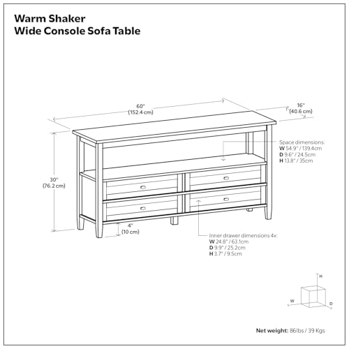 SIMPLIHOME Warm Shaker Wide Console Table - 60 Inch Wide Solid Wood Sofa Table in Light Golden Brown, Transitional Storage Table for Living Room with 4 Drawers, Open Shelf, and Brushed Nickel Knobs SIMPLIHOME