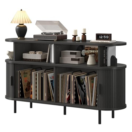 55" Large Round Record Player Stand with Charging Station, Vinyl Record Storage Cabinet, Mid Century Modern Turntable Stand with Open Shelves Holder for Bedroom Living Room, Sliding Doors (Black) ONBRILL