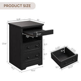 LIKIMIO Nightstand Set of 2, Night Stand with Pull Out Tray, Wooden Bedside Table with 2 Drawers and Open Shelf, Side Table for Bedroom, Black LIKIMIO