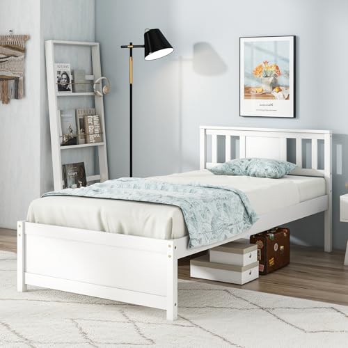 Giantex Wood Twin Bed Frames with Headboard, Mid Century Solid Wood Platform Bed with Wood Slat Support, Single Panel Bed, No Box Spring Needed, Twin Bed Frames for Kids, White Giantex
