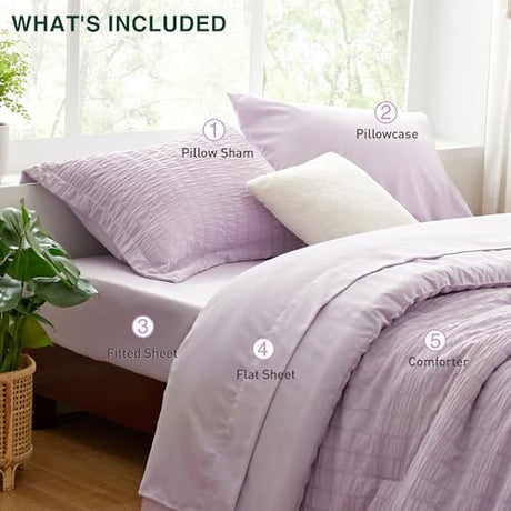 Love's cabin Seersucker Lavender Twin Comforter Set 5 Pieces, All Season Bedding Set, Twin Bed in a Bag Comforter Set with Comforter, Flat Sheet, Fitted Sheet, Pillowcase and Pillow Sham Love's cabin