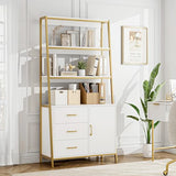 HITHOS 69" Tall White Gold 4-Tier Bookshelf with Storage Drawers and Elegant Design HITHOS
