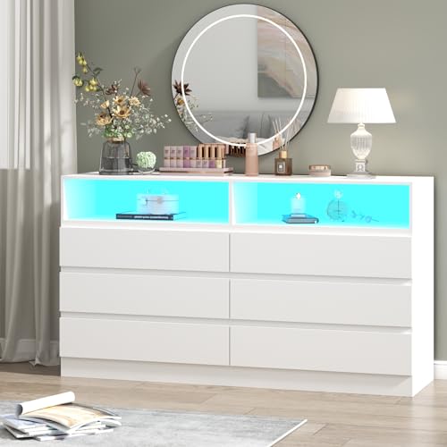 Gyfimoie 6 Drawer Double Dresser with Power Outlet, Accent Chests of Drawers with LED Light, Modern White Storage Dresser with Charging Station (Mirror Not Included) - WoodArtSupply