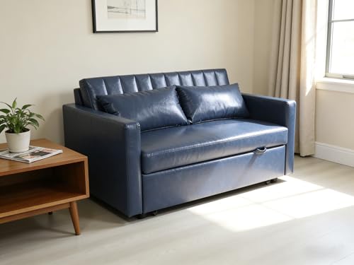 N NOORDENIYA 55'' Leather Sofa Bed, Pull Out Sleeper Sofa Couch Bed, Loveseat Sleeper, Futon Sofa Couch with Side Pocket, Convertible Sofa Bed for Living Room, Apartment, Bedroom, RV, Blue N NOORDENIYA