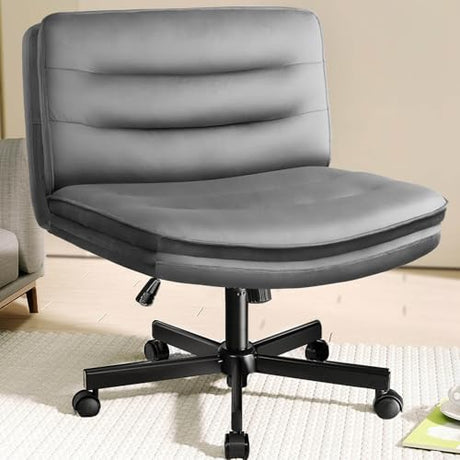 COMHOMA Cross Legged Office Chair with Wheels Armless-Office Desk Chair, Modern Vanity Computer Task Chairs for Home Bedroom, Comfortable Wide Seat for Lower Back Pain Relief, Soft Velvet, Gray COMHOMA