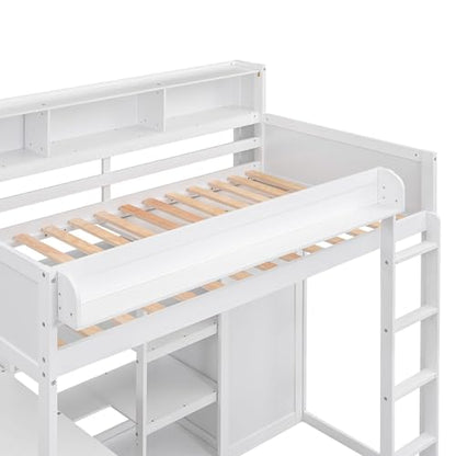 Twin Size Loft Bed with Wardrobe, Desk, and Storage by Harper & Bright Designs in White Finish - WoodArtSupply