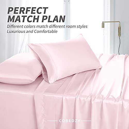 Cobedzy 3 Pcs Blush Pink Satin Sheets Twin Size Soft Silky Satin Bedding Sheets Set with 1 Deep Pocket Fitted Sheet, 1 Flat Sheet, 1 Pillowcase Cobedzy