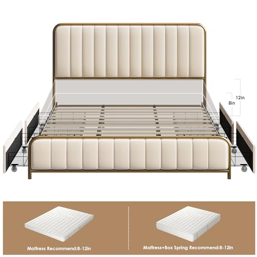 HITHOS King Size Upholstered Metal Bed Frame with 4 Storage Drawers, Golden/Off White Design - WoodArtSupply