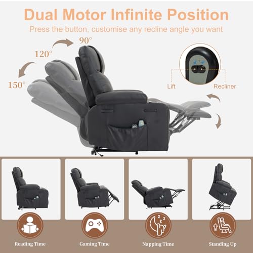 Power Lift Recliner Chair for Elderly, Electric Stand Assist Reclining Chair with Massage and Heat Function, Leather Living Room Furniture, Comfy Single Sofa with Cup Holders, Side Pockets, Black BRTHORY
