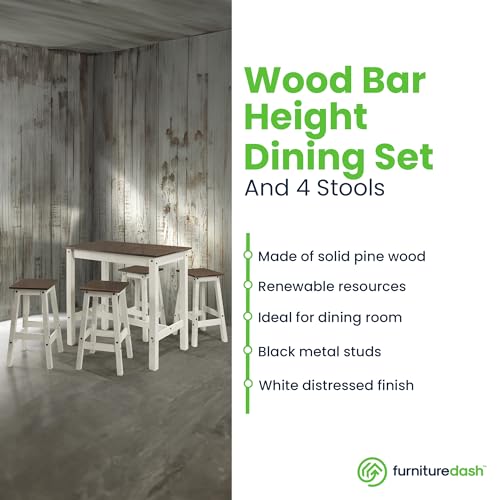 Furniture Dash Wood Bar Height Dining Set of Drop Leaf Table and 4 Stools White Distressed Furniture Dash
