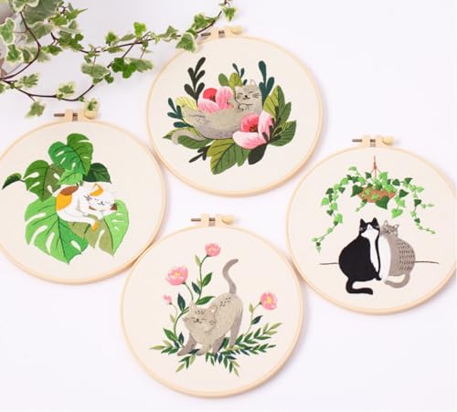 Mozzyyee 4pcs Cat Embroidery Kits for Beginners, DIY Adult Beginner Embroidery Sets with Instructions, 2 Plastic Embroidery Hoops,Scissor, Threads and Needles (Grey Cats)